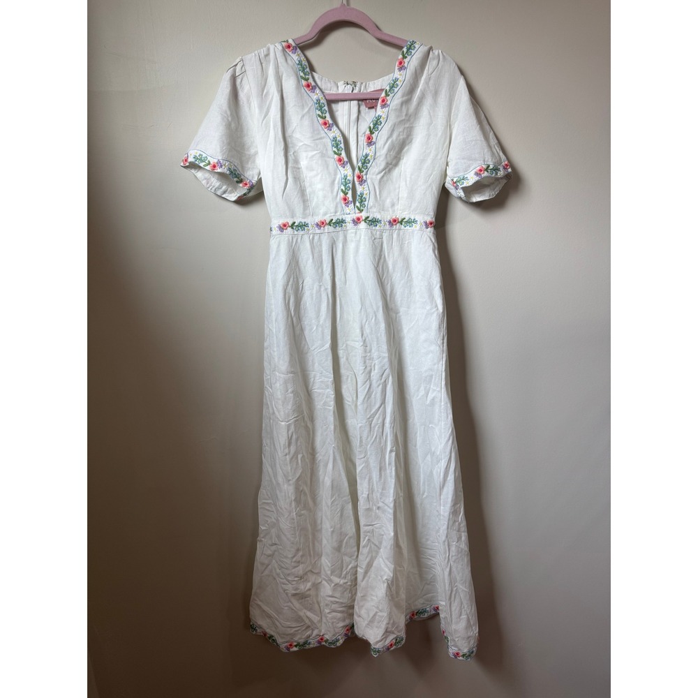 Show Me Your Mumu  Theia Floral Embroidered Linen Midi Dress White  Short Sleeve - Picture 3 of 6